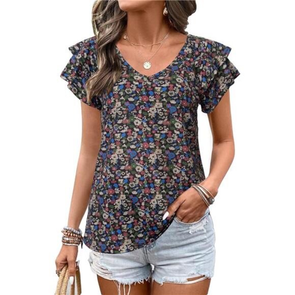 Womens Summer Boho Clothes Flowy Tops Floral Shirts V Neck Loose Fit Casual Tops - Picture 1 of 6